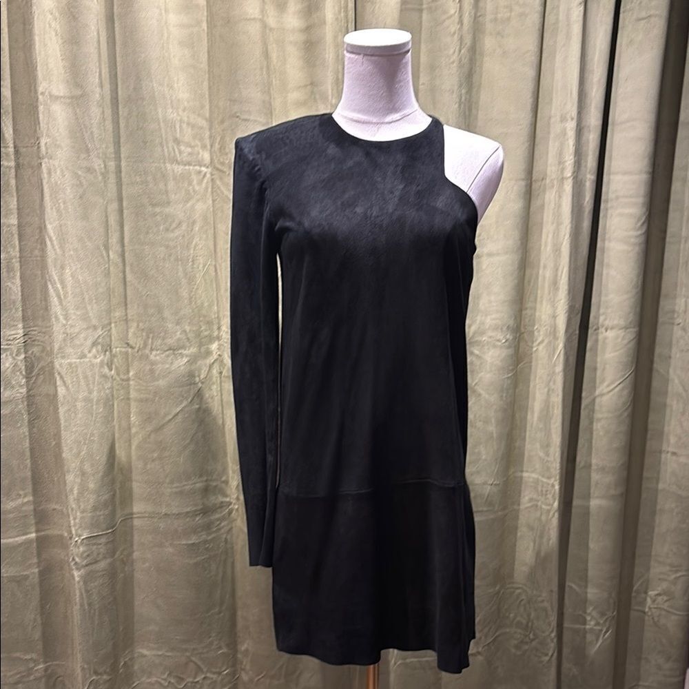 Balmain Paris 100% lamb skin/ soft suede Elegant Black One-Shoulder Dress, S